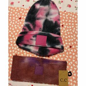 C.C  Pink and Black Tie-Dye Beanie and Headband